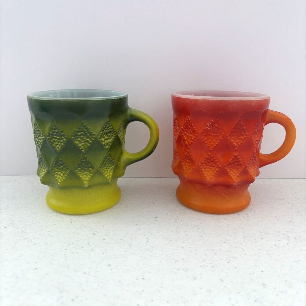 Vintage Anchor Hocking Kimberly Diamond Point Mugs Coffee Cup Retro Made USA